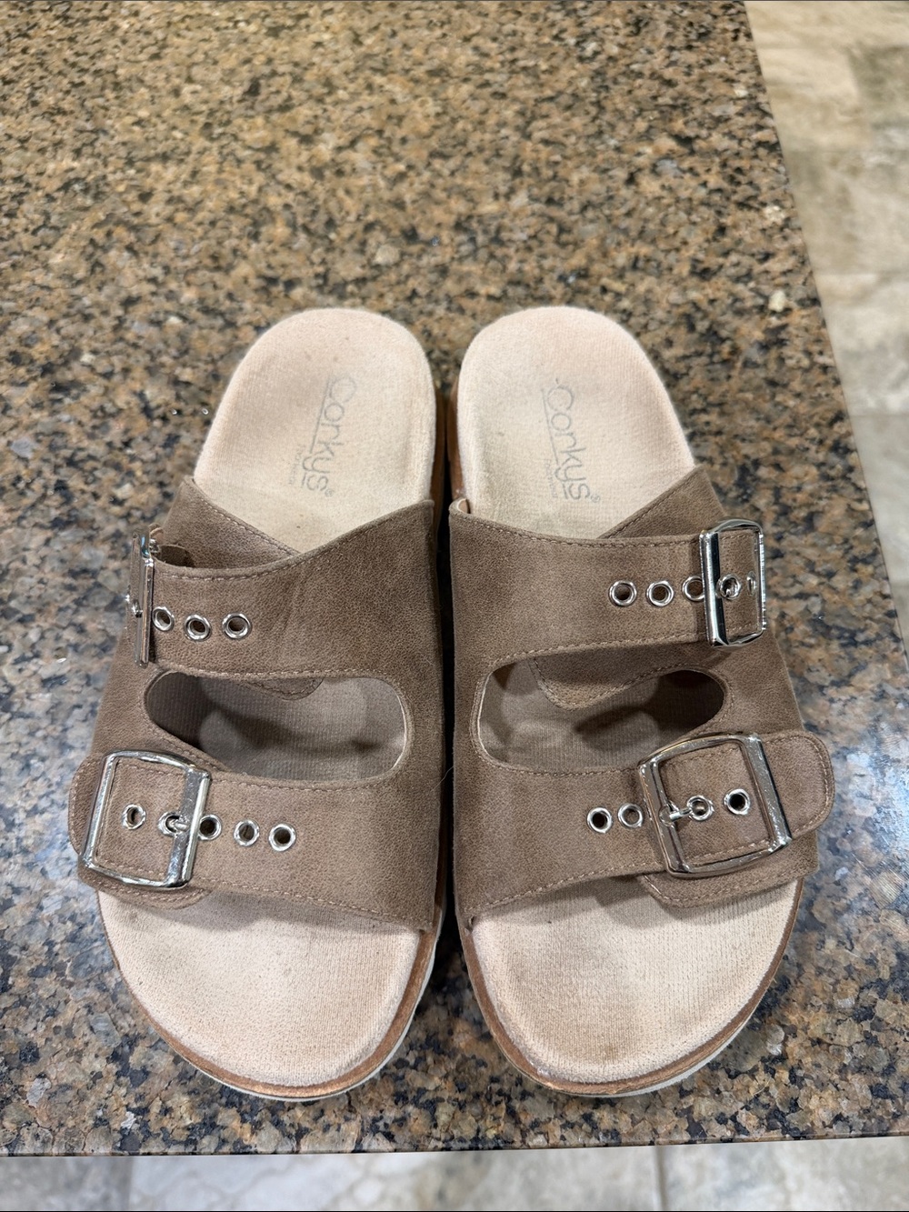 Corkys Taupe Suede Double-Buckle Slide Sandals